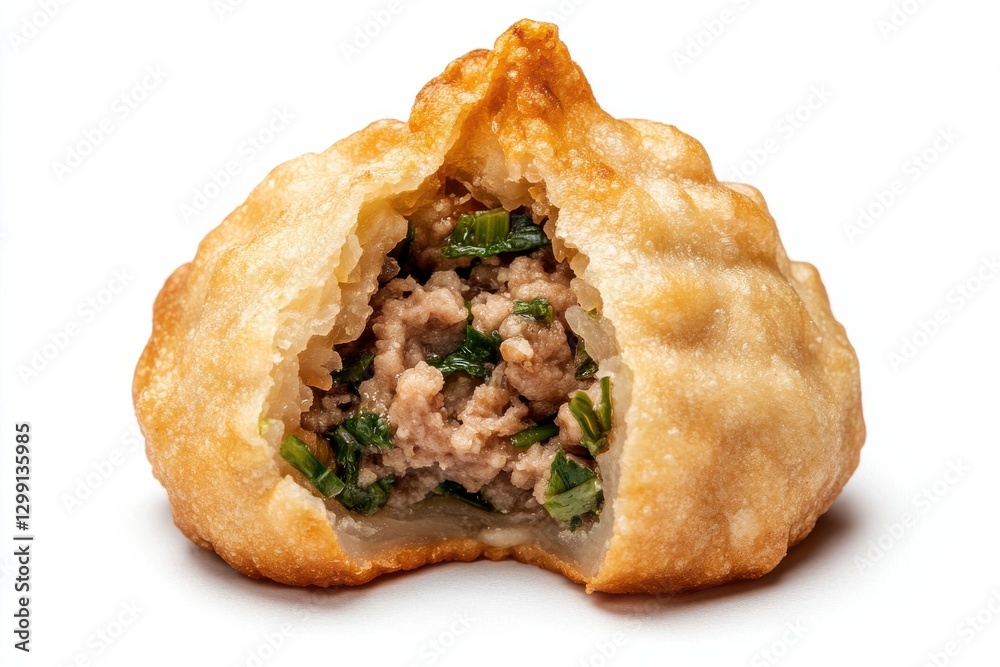 Dumplings Golden pastry filled with savory meat and herbs, showcasing a delicious cross-section. Dumplings Golden pastry filled with savory meat and herbs, showcasing a delicious cross-section.