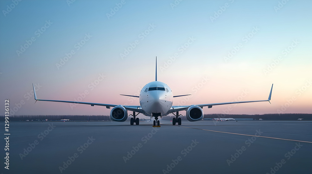 Obraz premium White Passenger Airplane Centered on Airport Runway at Sunset with Blue and Orange Sky