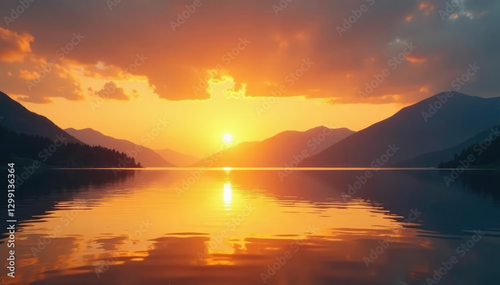 Fototapeta premium Golden sunrise over the tranquil waters of Yamdrok Lake, serene, golden