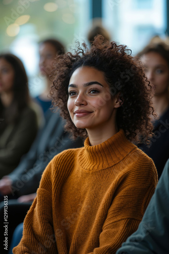 A woman with curly hair sitting in front of a group of people