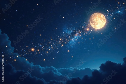 Golden stars shining in the midnight sky with silver moonlight and blue night, bow, sparkle, sky