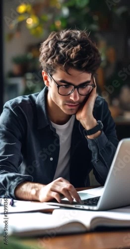 A young man is sitting at a desk with a laptop and a notebook. He is typing on the laptop and looking at the notebook. Scene is focused and studious