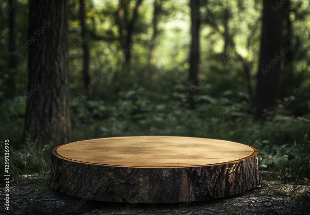 Round Light Brown Tree Stump In Forest Setting/Background/Scene/Display/Presentation/Mockup/Platform/Image/Visual/Composition/Product Showcase/Nature/Photography/Outdoor/Nature Scene/Forest/Wood/Wood Round Light Brown Tree Stump In Forest Setting/Background/Scene/Display/Presentation/Mockup/Platform/Image/Visual/Composition/Product Showcase/Nature/Photography/Outdoor/Nature Scene/Forest/Wood/Wood
