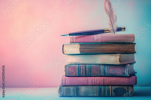 A stack of vintage books with a quill pen rests atop, evoking a sense of classic literature and scholarly pursuits.