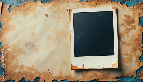 Aged Polaroid photo frame on rustic wooden background evoking nostalgia