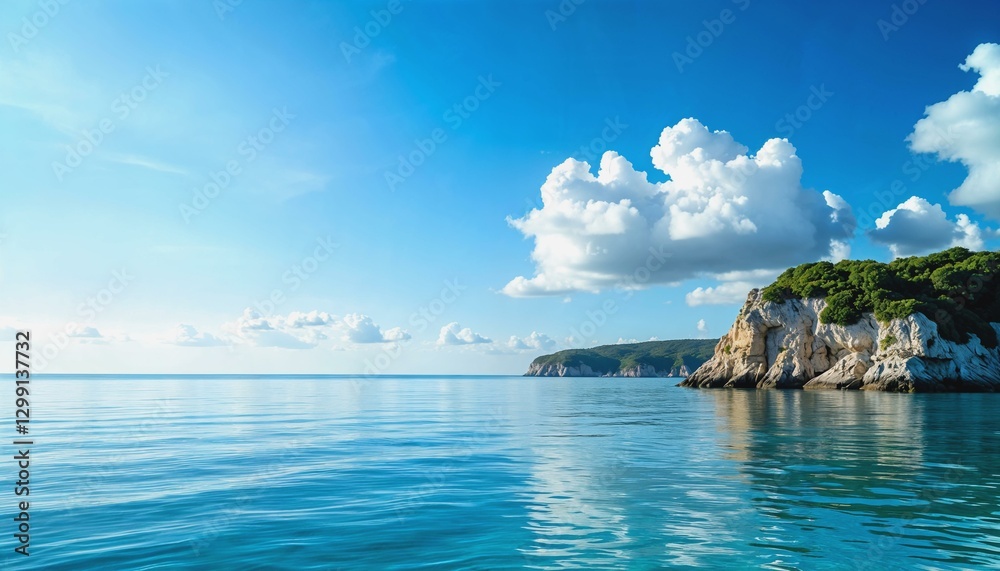 Fototapeta premium Serene coastal scene with still waters and a vibrant blue sky