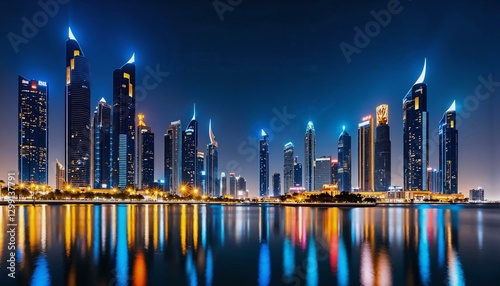 Stunning Abu Dhabi cityscape at night with illuminated skyscrapers reflecting on water