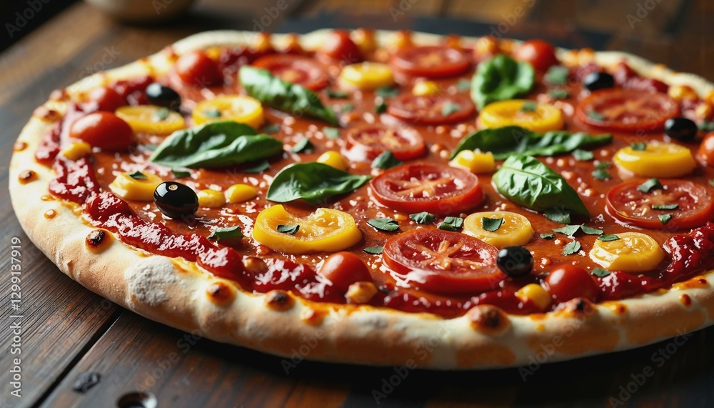 Photorealistic image of a freshly baked pizza with vibrant toppings Photorealistic image of a freshly baked pizza with vibrant toppings