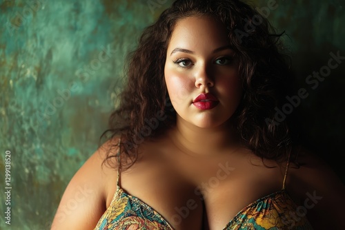 Exuding self-assurance, a full-figured woman with mesmerizing features poses gracefully against a textured urban mural.