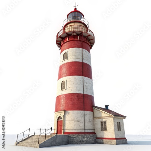 3D Render of Red and White Lighthouse, Isometric View, Coastal Structure, Navigation Aid, Lighthouse 3D model, Seascape Lighthouse, 3D rendering