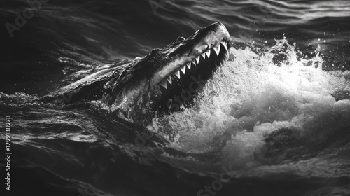 Black and White Sea Creature Jaws Open in Ocean Waves