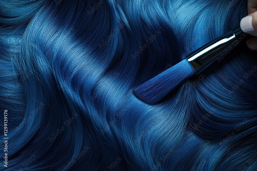 Naklejka premium A stylist expertly crafts a bold blue hair transformation for a client, enhancing their look in a sleek, modern salon.