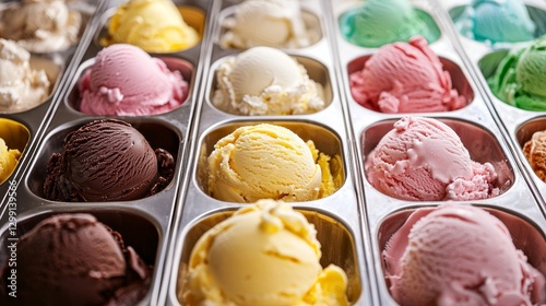 Colorful Variety of Ice Cream Flavors in Metal Containers