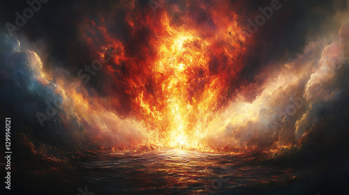 Moses' righteous fury evident as the golden calf burns intensely, storm clouds swirling overhead, embers flying, dramatic lighting effects, realistic expressions, vivid digital painting style,