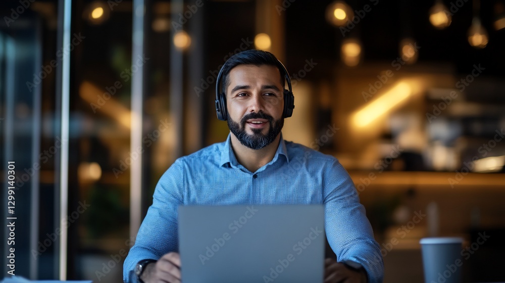 Man video conferencing laptop cafe night Man video conferencing laptop cafe night