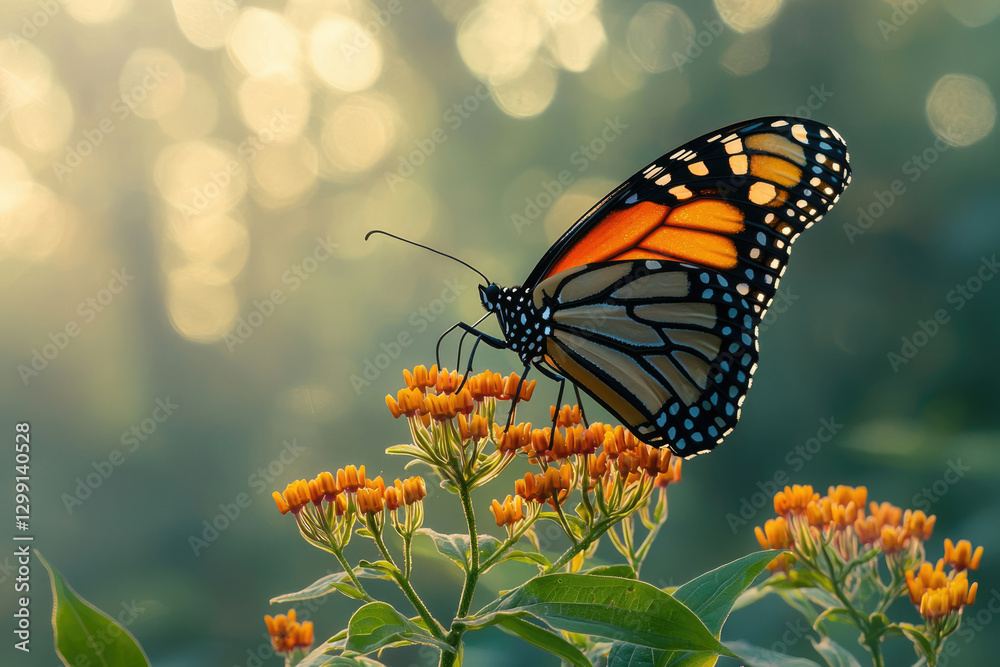 Obraz premium A monarch butterfly with orange and black wings delicately feeding on vibrant yellow flowers in a sunlit garden.