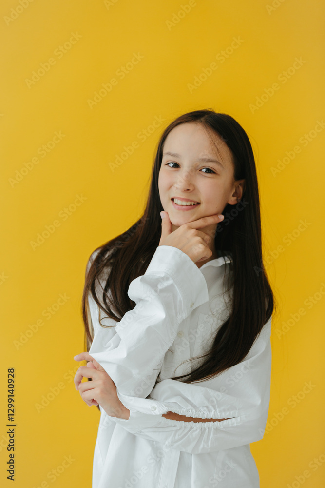 Smiling Girl With Long Hair Posing Confidently in Front of Yellow Background Smiling Girl With Long Hair Posing Confidently in Front of Yellow Background