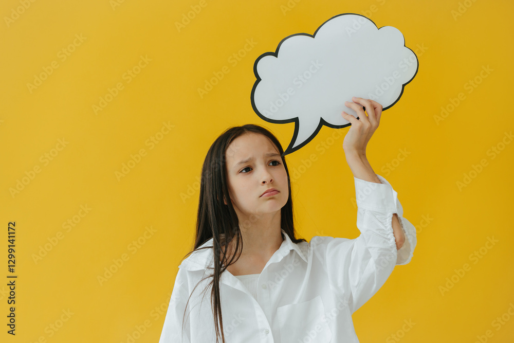 Young Woman Holding Thought Bubble on Yellow Background in Contemplative Mood Young Woman Holding Thought Bubble on Yellow Background in Contemplative Mood