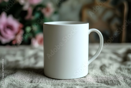 A white cup of coffee or tea placed on a table, surrounded by a vibrant floral background, creating a warm and inviting atmosphere photo