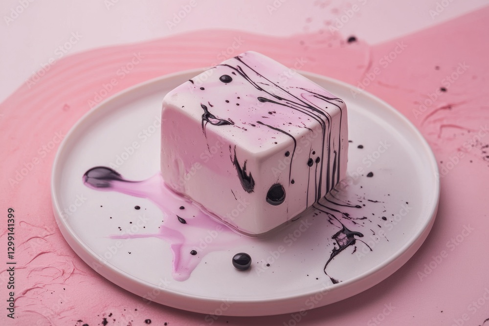 Cubic cake decorated with pink and black drizzles on pink background