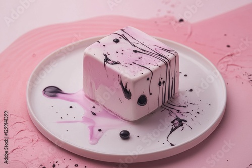 Obraz na płótnie Cubic cake decorated with pink and black drizzles on pink background w salonie