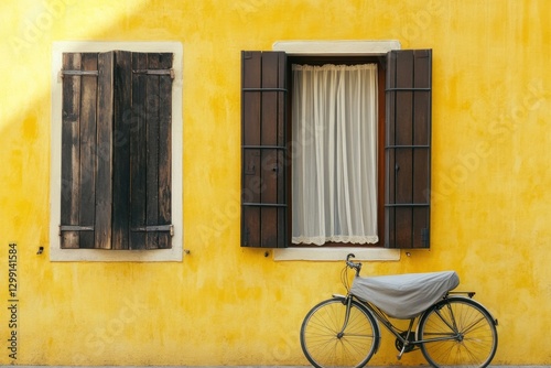 Vintage bicycle parked near yellow wall with wooden shutters