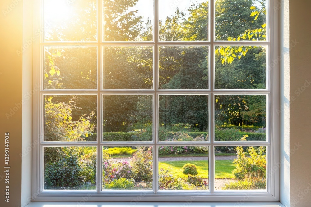 Fototapeta premium An ultra-clean glass window with no smudges, overlooking a garden bathed in soft sunlight, with a sparkling view that shows the result of perfect window maintenance.