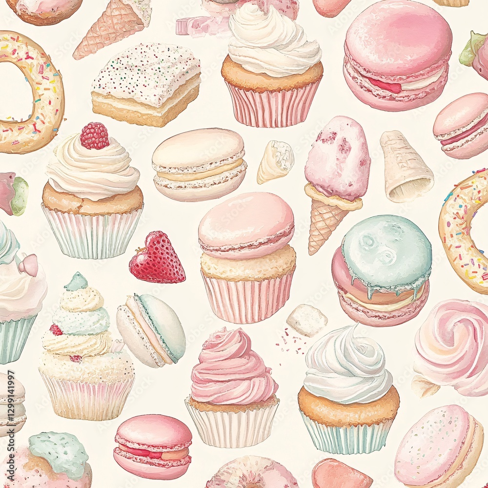 Sweet Delights Seamless Dessert Pattern in Pastel Tones for Backgrounds and Textiles