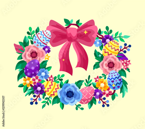 Easter wreath with flowers, eggs, branches and leaves. Vector flat illustration