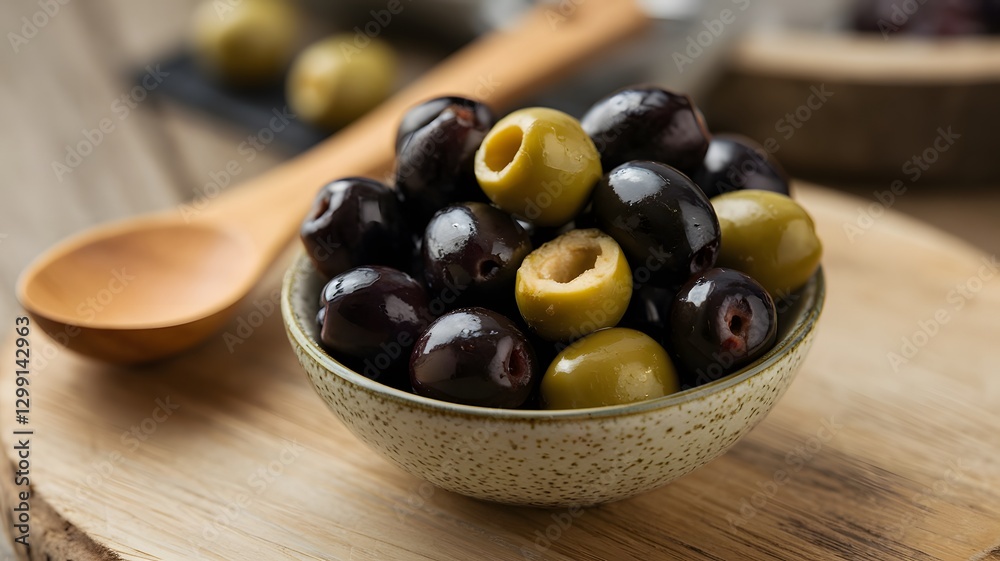 A beautiful bowl of ripe olives placed next to a wooden spoon A beautiful bowl of ripe olives placed next to a wooden spoon