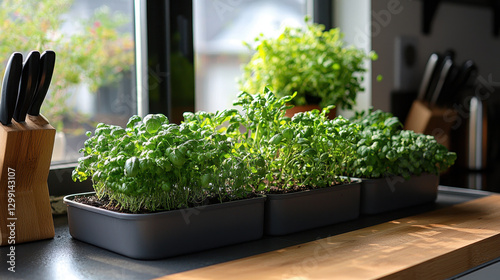 Indoor hydroponic garden with vibrant herbs and leafy greens on a modern kitchen countertop filled with natural light