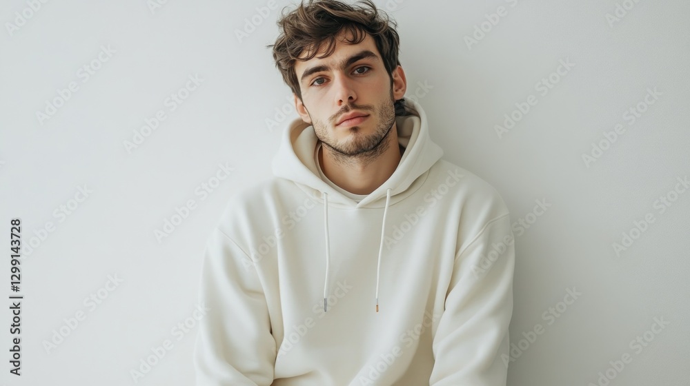 Obraz premium Young man in cream hoodie, indoor portrait