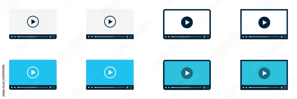 Set of flat video player template. Modern flat video player, video multimedia player mockup. Video players for web. Video player template with simple buttons. Vector illustration. Set of flat video player template. Modern flat video player, video multimedia player mockup. Video players for web. Video player template with simple buttons. Vector illustration.
