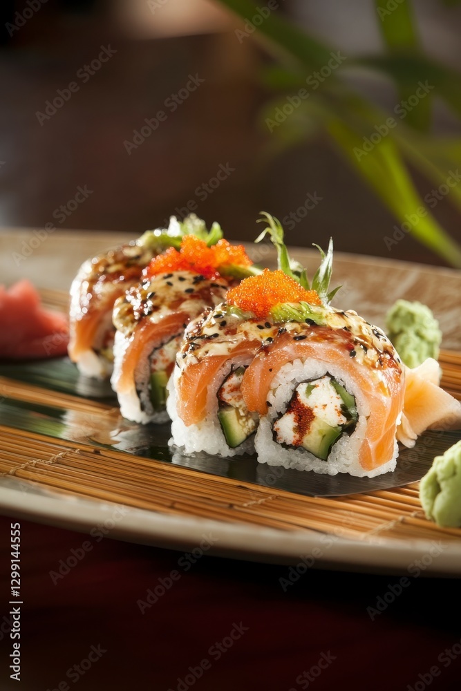 Seared Salmon Sushi Roll on a Brown Plate with Toppings like Wasabi and Ginger, Served on a Plate of Brown Tone Color. Japanese Food Photography. Delicious Food. Fresh and High Quality. Restaurant Seared Salmon Sushi Roll on a Brown Plate with Toppings like Wasabi and Ginger, Served on a Plate of Brown Tone Color. Japanese Food Photography. Delicious Food. Fresh and High Quality. Restaurant