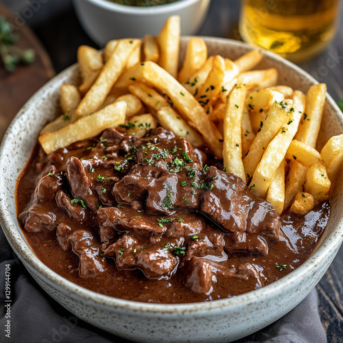  Traditional Belgian carbonnade flamande with fries and beer