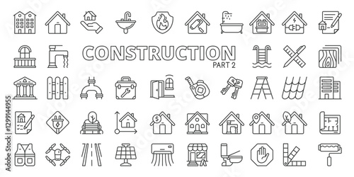 Constructions icons in line design, part2. Construction, building, architecture, engineering, contractor, site, infrastructure on white background vector. Constructions editable stroke icons