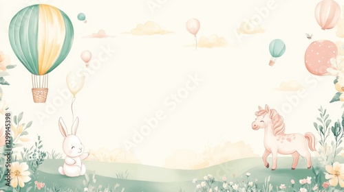Fototapeta Naklejka Na Ścianę i Meble -  Pastel animals, hot air balloons, meadow scene