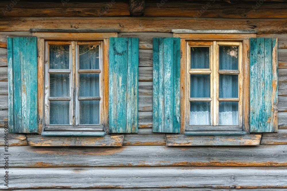 Rustic charm with weathered wooden windows and teal shutters revealing a glimpse of cozy interiors, blending old-world allure. Rustic charm with weathered wooden windows and teal shutters revealing a glimpse of cozy interiors, blending old-world allure.
