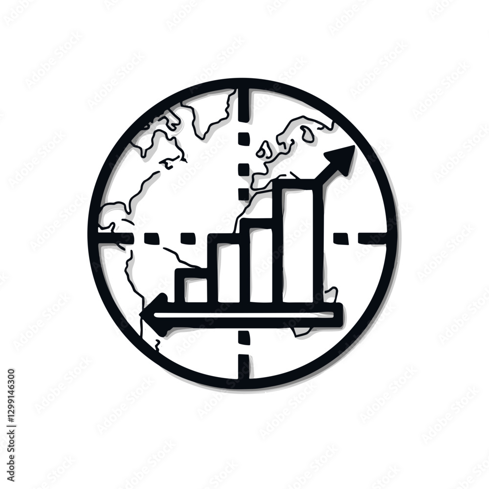 Global business growth icon in black and white.