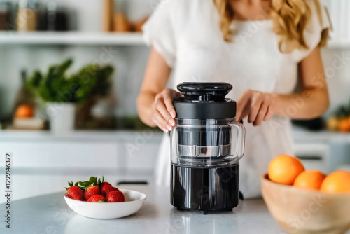 Woman makes juice with an electric juicer in modern kitchen at home