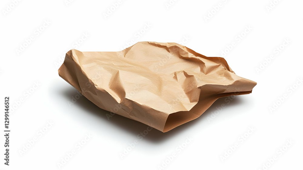 Crumbled Brown Paper Isolated on White Surface with Shadows Showing Texture and Material Crumbled Brown Paper Isolated on White Surface with Shadows Showing Texture and Material