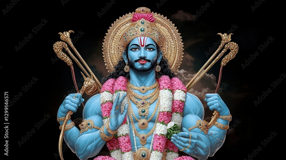 Blue Hindu deity portrait against dark background Blue Hindu deity portrait against dark background