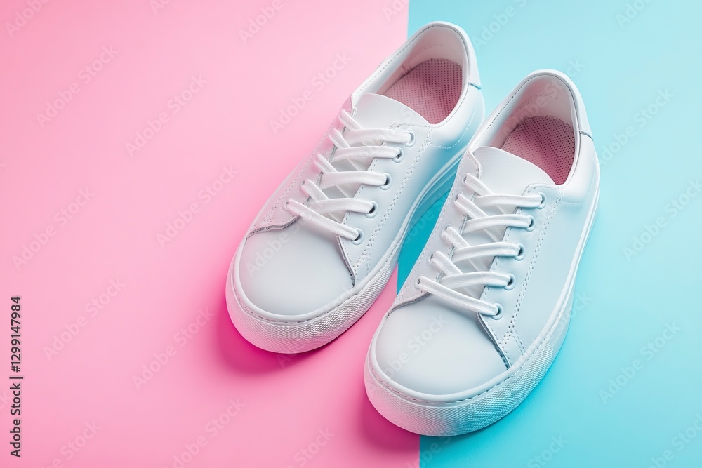 White casual sneaker with lace-up on a pastel background, product photography, studio shot, pastel colors, pink and blue, minimalistic, hard lighting White casual sneaker with lace-up on a pastel background, product photography, studio shot, pastel colors, pink and blue, minimalistic, hard lighting