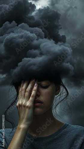 Woman with dark storm cloud above her head, concept of anxiety