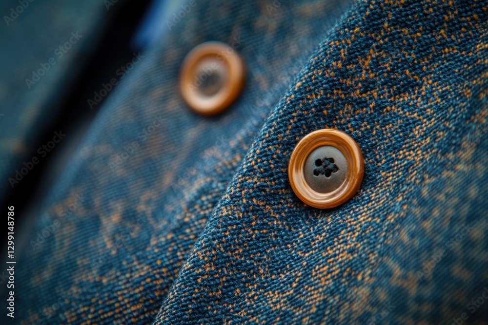 Close-up of textured blue fabric with two wooden buttons. Close-up of textured blue fabric with two wooden buttons.