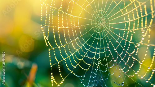 A close up of a spider web decorated with tiny water droplets.