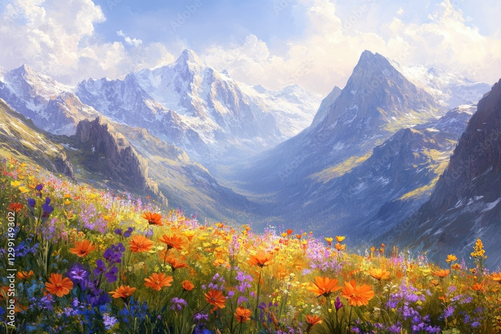 Fototapeta premium Vibrant wildflowers bloom in a picturesque alpine meadow, nestled amidst majestic snow-capped mountains under a bright sky.