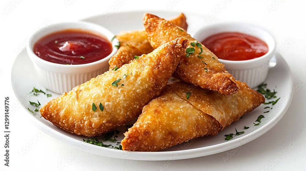 Crispy Golden Samosas with Tomato Ketchup Dip on White Plate Crispy Golden Samosas with Tomato Ketchup Dip on White Plate