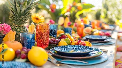 Bright and colorful fruit platter on a sunny outdoor table digital photo