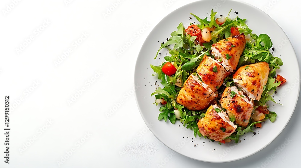 Grilled Chicken Breast with Salad and Cherry Tomatoes on Plate isolated on white background Grilled Chicken Breast with Salad and Cherry Tomatoes on Plate isolated on white background